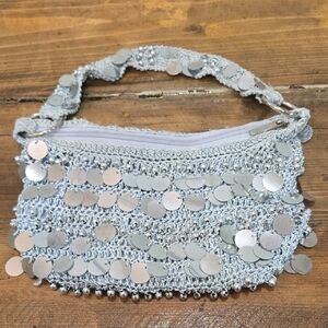 Y2K Silver Sequin Crochet Mini Bag / Wristlet